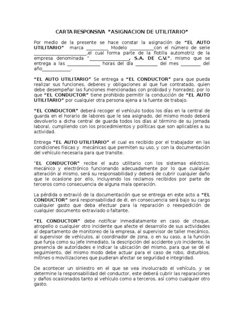 Carta Responsiva Utilitario Coche Vehículos De Ruedas
