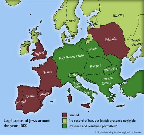 Historical atlas of europe, complete history map of europe in year 1500 showing the major states: Legal Status of Jews By European Country Around 1500 ...