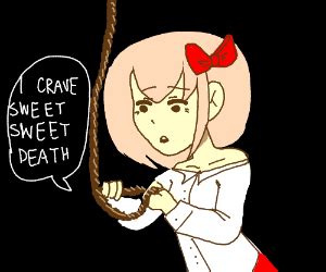 Sayori hanging from a noose from her ending. Sayori Hangs Herself... (DDLC) - Drawception