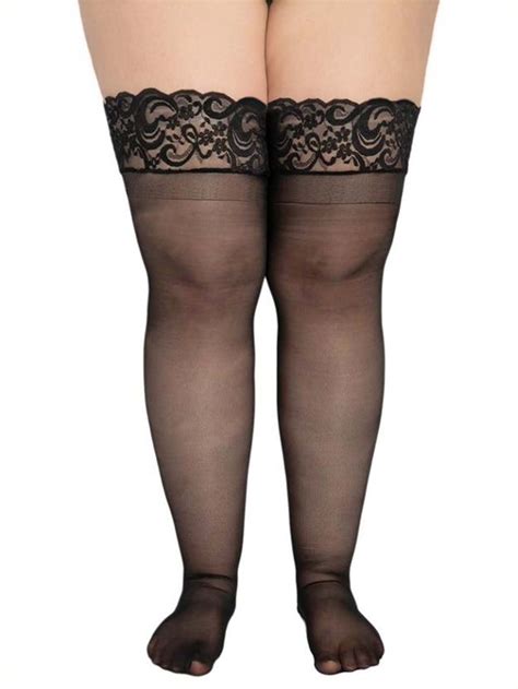 Angelique Women S Plus Size Hosiery Black Sheer Lace Top Stay Up Silicone Thigh High Stockings