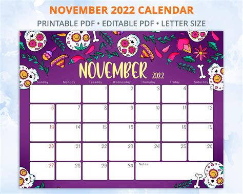 November Calendar Monday Tuesday Wednesday Letter Size Lettering