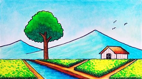 How To Draw Beautiful Rice Field Easy Scenery Drawing Youtube