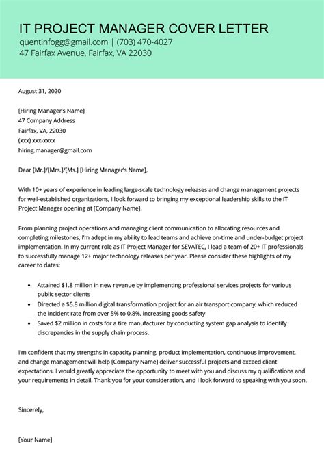 An application letter is attached and sent with a résumé or cv for a job. IT Project Manager Cover Letter Example | Resume Genius