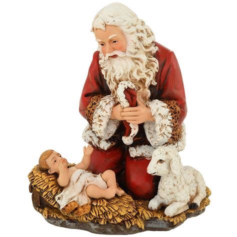 Kneeling Santa With Lamb And Baby Jesus Figure