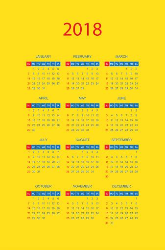 Simple Calendar Yellow Color For 2018 Year Week Starts From Sunday Flat