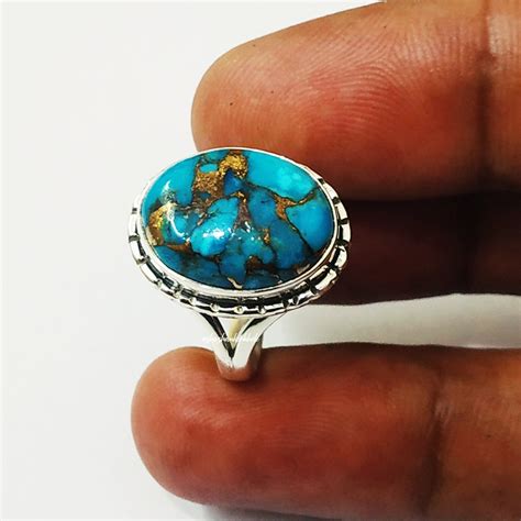 Blue Copper Turquoise Ring 92 5 Silver Ring Blue Stone Etsy