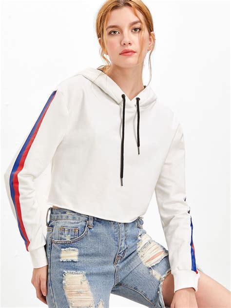 White Striped Sleeve Crop Hoodie Cropped Hoodie White Hooded Sweatshirt Striped Sleeve