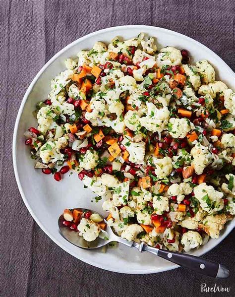 Fresh pomegranate seeds add refreshing tartness and a snappy texture, while red onion adds a nice spicy bite. Baked Cauliflower with Pomegranate Seeds and Thyme - PureWow