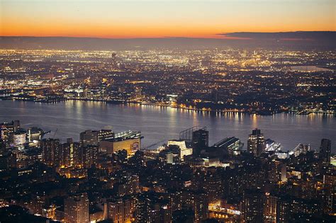 City Aerial View Cityscape River Lights Twilight Hd Wallpaper