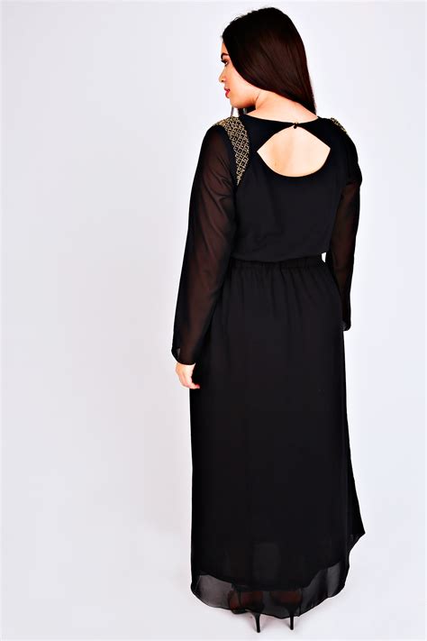 Black Chiffon Maxi Dress With Embellished Shoulders And Waistband Plus