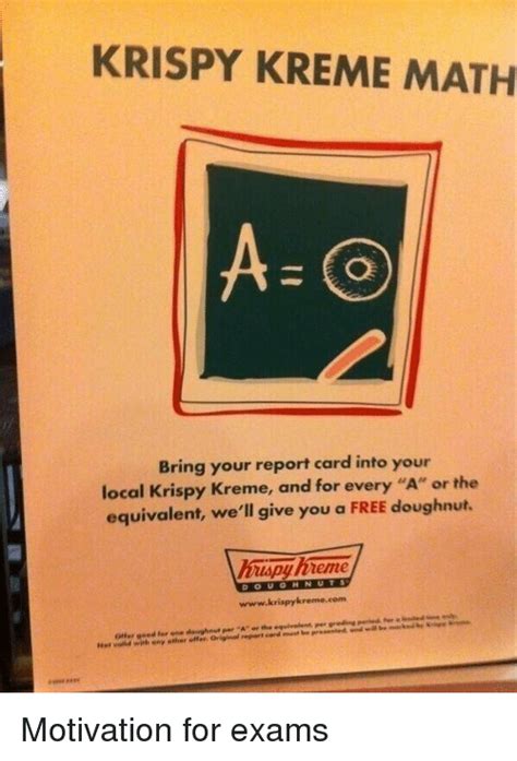 Free doughnuts through the end of 2021. KRISPY KREME MATH Bring Your Report Card Into Your Local Krispy Kreme and for Every a or the ...