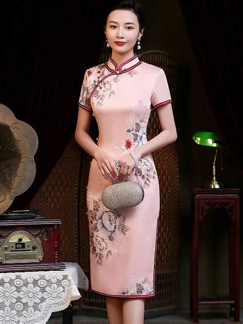 pink floral mid cheongsam qipao dress cozyladywear