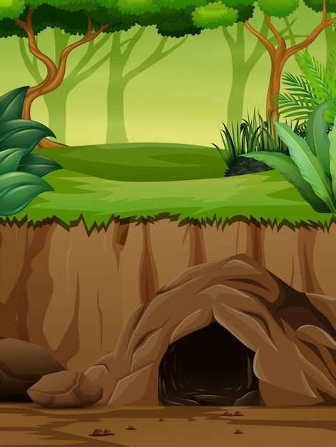 Escena De Fondo Con Cueva Subterránea En Selva Vector Premium