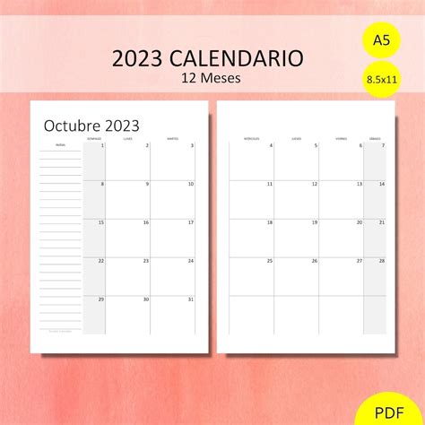 2023 Calendario Imprimible Español 12 Meses Mes Vista Por 2 Etsy
