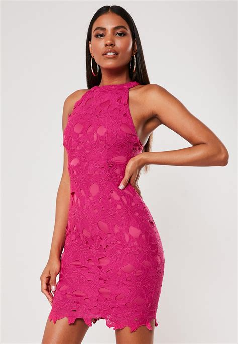 Pink Lace Halterneck Mini Dress Missguided