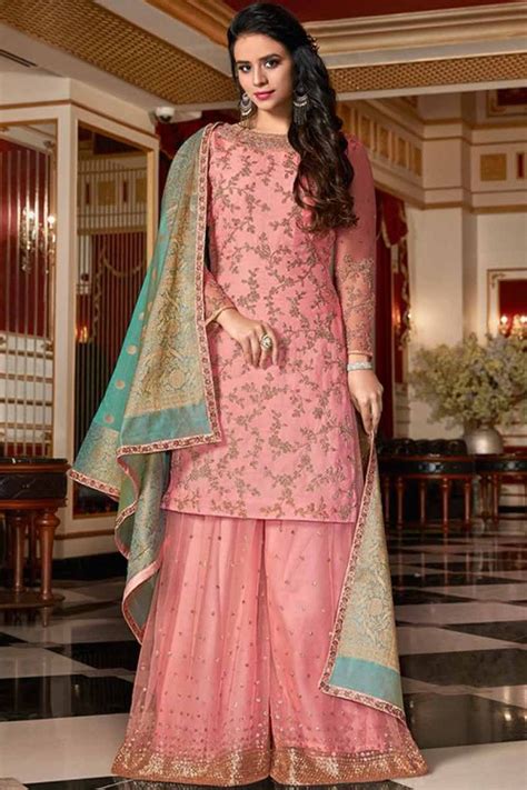 Pink Silk Palazzo Pant Suit With Resham Work Gharara Designs Designer Dresses Fashion