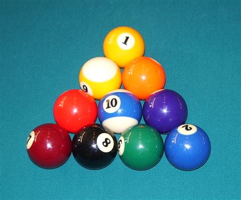 Place the rack on the pool table and put ball number 1 and 10 in random order, the rack will have four rows. File:Ten-ball rack.jpg - Wikimedia Commons