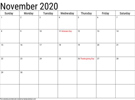 2020 November Calendars Handy Calendars