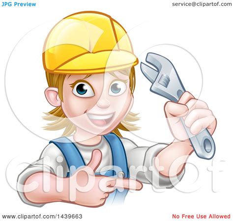 Clipart Of A Cartoon Happy White Female Plumber Holding An Adjustable