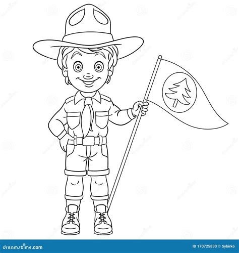 Coloring Page With Happy Boy Scout Stock Vector Illustration Of Black