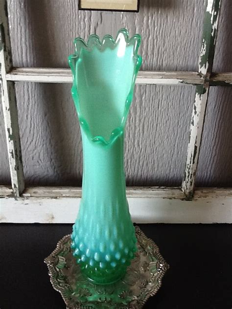 Vintage Fenton Green Opalescent Hobnail Swung Vase Etsy