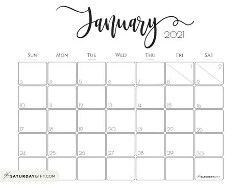 Below are year 2021 printable calendars you're welcome to download and print. Cute (& Free!) Printable January 2021 Calendar | SaturdayGift