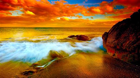 Orange Beach Scape Sea Waves Waves Beach Wallpaper