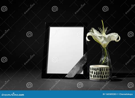 Funeral Photo Frame With Ribbon White Lily And Candle On Black