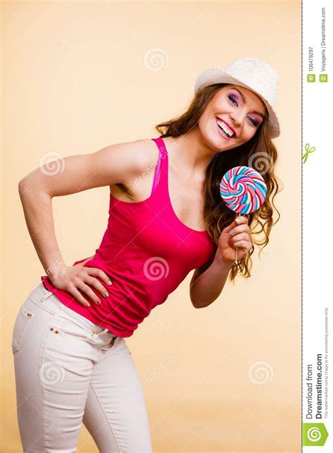 Woman Holds Colorful Lollipop Candy In Hand Stock Image Image Of Model Lollipop 106479297