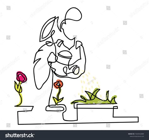 One Line Drawing Woman Watering Plant Stock Vector Royalty Free