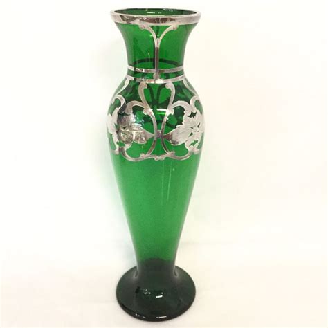 Antique Silver Overlay Green Glass Vase
