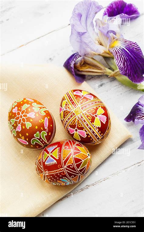 Three Handmade Easter Eggs Decorated With Wax Resist Dyeing Technique
