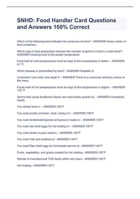 SNHD: Food Handler Card Questions and Answers 100% Correct - SNHD