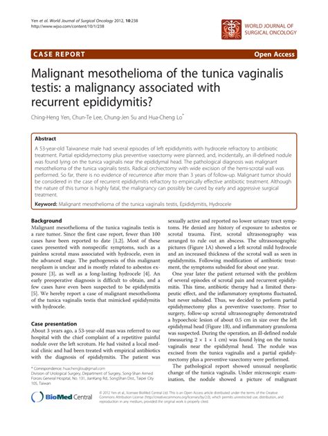 The incidence of malignant mesothelioma is increasing in the uk and continental europe.1 in 1995 petoet al predicted a progressive rise in the number of there is no single accepted way in which to stage or predict prognosis for mesothelioma patients. (PDF) Malignant mesothelioma of the tunica vaginalis ...