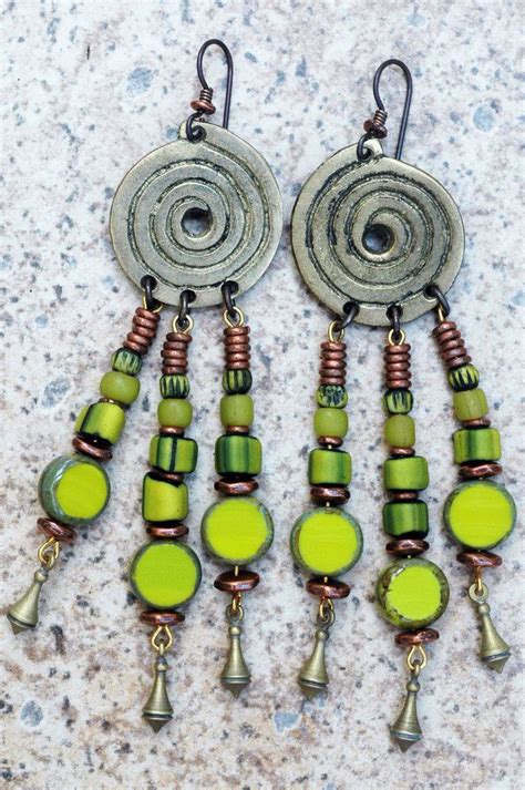 Exotic Lime Green Glass Copper And Brass Swirl Dangle Earrings Green