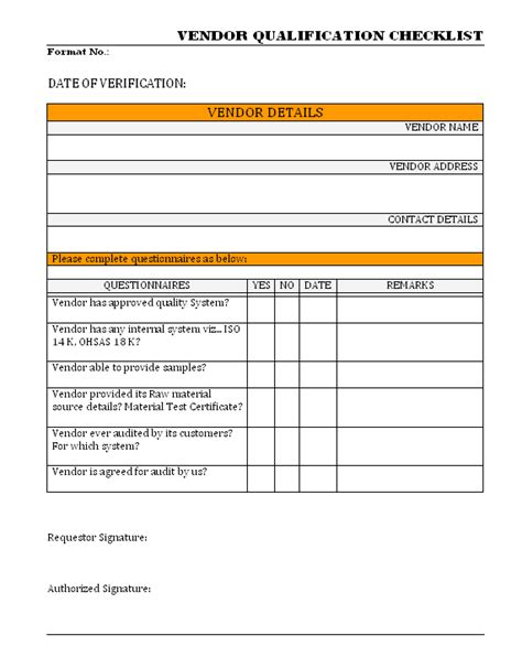 Vendor Qualification Checklist Format Word Pdf Report
