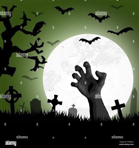 Zombie Hand In Front Of Full Moon With Scary Illustrated Elements For