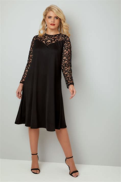 Black Swing Dress With Lace Yoke And Sleeves Plus Size 16 To 36