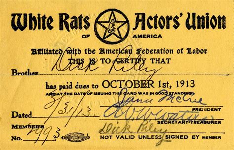 White Rats Actors Union Dues Card The American Vaudeville Archive