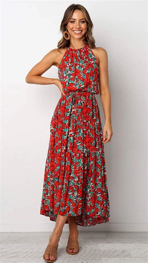 Red Rose Print Halter Midi Dress Floral Dress Summer Sleeveless
