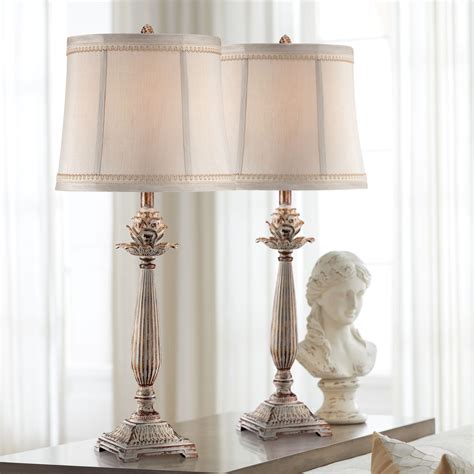 Regency Hill Shabby Chic Table Lamps Set Of Antique White Washed
