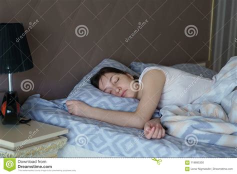Beautiful Brunette Woman Wakes Up In Her Bed Stock Photo Image Of