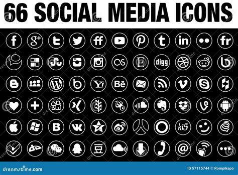 66 Round Social Media Icons White With Tin Border Editorial Stock Image