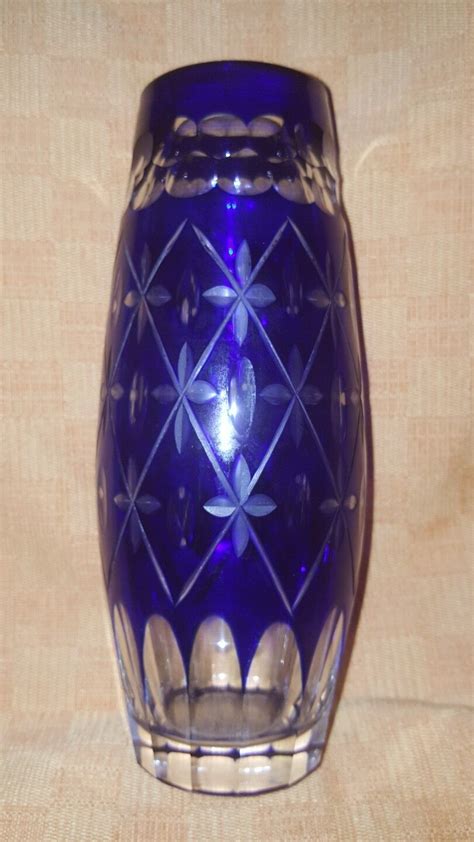 Vintage Czech Bohemian Lead Cut Glass Blue Over Clear Heavy Thick Glass Vase Ebay