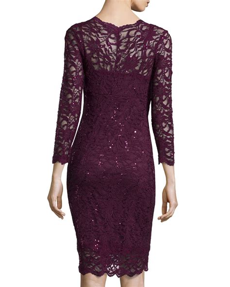 Marina Long Sleeve V Neck Lace Cocktail Dress In Purple Lyst