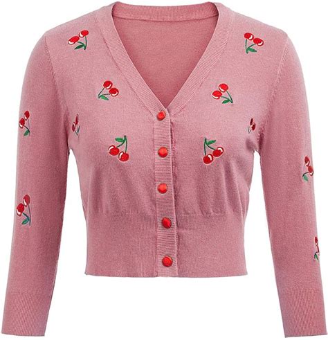 Womens 34 Sleeve Cherries Embroidery Knitting Cardigans Swaeter Pink
