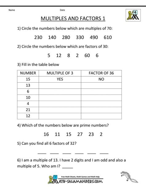 Factors And Multiples Worksheet For Class 6 Workssheet List