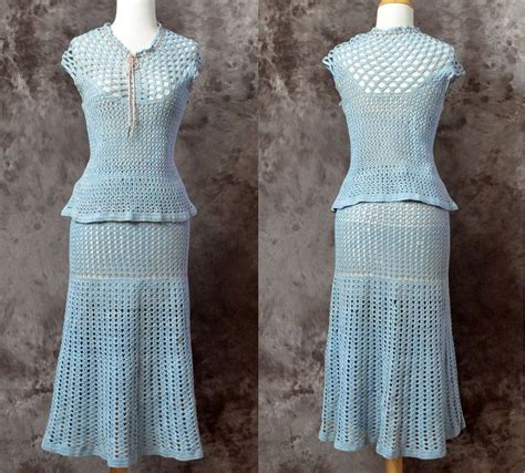 1930s Crochet Dress Knit Blue Two Peice Top Skirt 1940s Sweater Dress