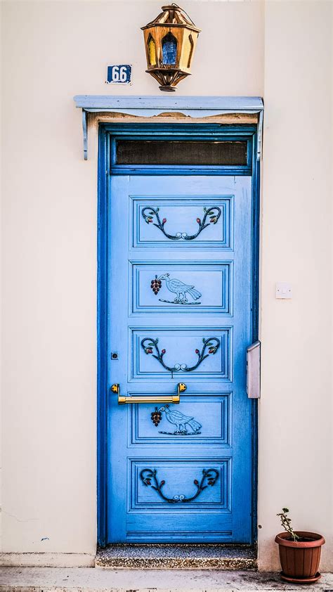 Door Entrance House Traditional Blue Motif Lantern Paralimni