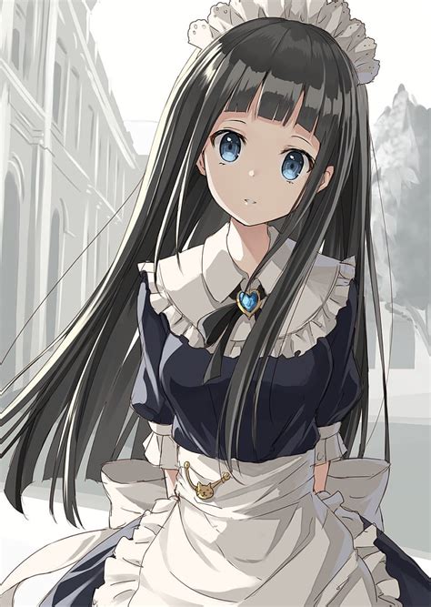 anime anime girls long hair black hair blue eyes maid maid outfit rin yuu hd phone